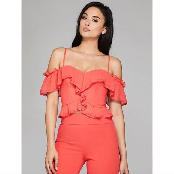 Marciano Juliet Off-Shoulder Bustier Top XS NWT Hibiscus Red Ruffles Mini Length - Picture 2 of 8